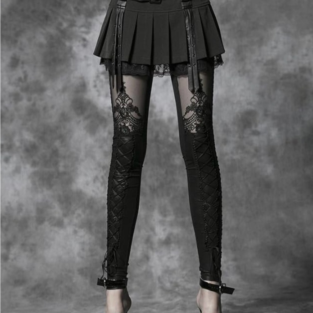 Black Faux Leather Leggings with lace pattern